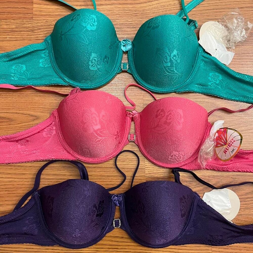3x Y2K 2000s vintage padded floral bras in hot pink, purple, and teal size 34C